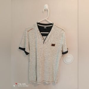 Beige V-Neck T-Shirt with Black Trim